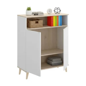 Dmossin dressoir, Woonkamerkastbuffet, Modern woonkamerdressoir met 2 deuren, 80x40h102 cm, Wit en Eiken Dmossin dressoir, Woonkamerkastbuffet, Modern woonkamerdressoir met 2 deuren, 80x40h102 cm, Wit en Eiken
