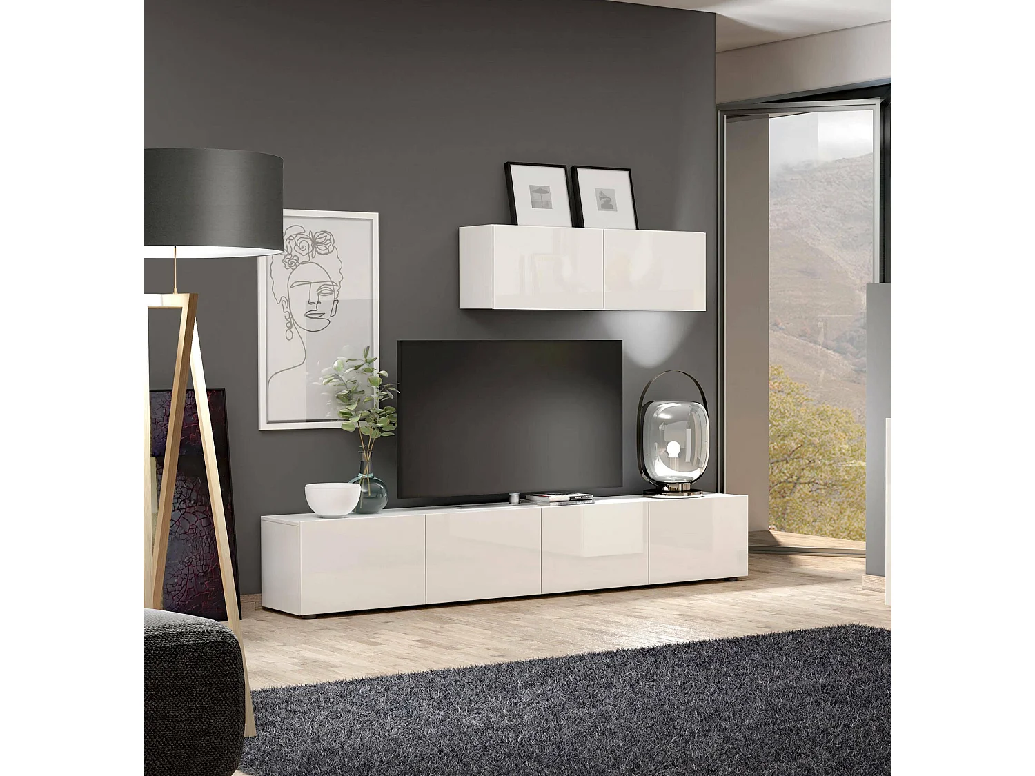 Dfalzeran tv-meubel, woonkamermeubel, lage tv-meubel, wandstandaard, Made in Italy, 225x38h39 cm, glanzend wit