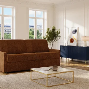 Tweezitsslaapbank terracotta stof. Brede lattenbodem 120 cm. Matras 14 cm CALIFE