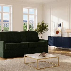 Tweezitsslaapbank stof dennengroen. Brede latten 120 cm. Matras 18 cm CALIFE