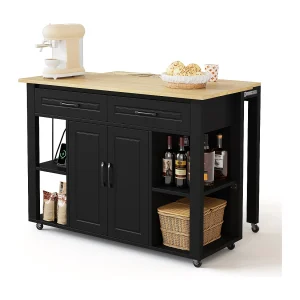 Draaibare bartafel met 1 deur en 4 laden Keukeneiland met opbergruimte – uitschuifbaar blad (125-181)x39x104,5 cm – zwart