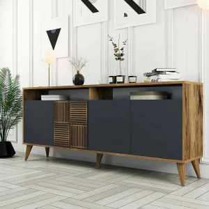 Dpogg tv-meubel, woonkamermeubel, lage tv-meubel, wandvoet, 180×35 h79 cm, walnoot en antraciet