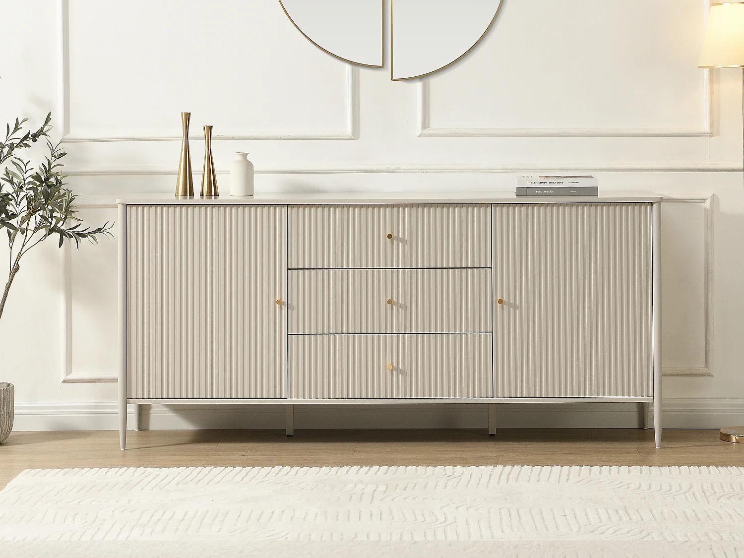 Dressoir 2 deuren en 3 lades in MDF - Beige en goud - CALITARO