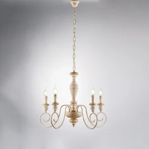 Cascina Lustre en bois et fer blanc et tourterelle 5 lumières 115 d.60 BL265-5-BT