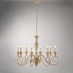 Cascina Lustre en bois et fer blanc et tourterelle 8 lumières 121 d.82 BL265-8-BT
