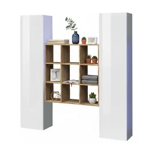Ddacru Dressoir, Woonkamerset met 2 deuren en planken, Woonkamerbuffet, Keukendressoir, 100% Made in Italy, 170x30h180 cm, Glanzend wit en Esdoorn