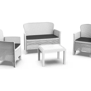 Debois outdoor loungeset, Tuinset met 2 fauteuils, 1 bank en 1 salontafel, Rotan effect lounge met kussens, 100% Made in Italy, Wit