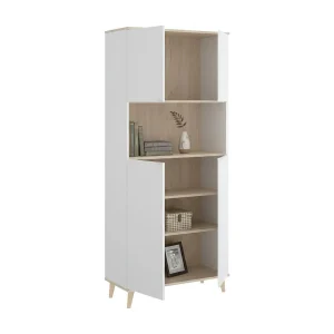 Dmerka dressoir, Woonkamerkastbuffet, Modern woonkamerdressoir met 4 deuren, 80x40h191 cm, Wit en Eiken Dmerka dressoir, Woonkamerkastbuffet, Modern woonkamerdressoir met 4 deuren, 80x40h191 cm, Wit en Eiken