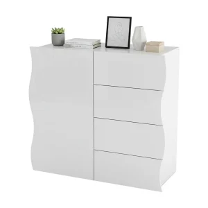 Derli dressoir, Keukendressoir met 4 deuren en 1 lade, Woonkamerbuffet, 100% Made in Italy, 90x40h81 cm, Glanzend wit