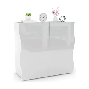 Dlandin dressoir, 2-deurs keukendressoir, Woonkamerbuffet, 100% Made in Italy, 90x40h81 cm, Glanzend wit