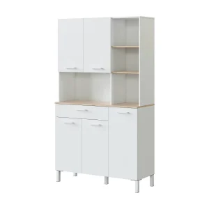 Dgalass Dressoir, Extra keukenkast, Dressoir met 5 deuren en 1 lade met planken, Open kledingkast, 108x40h186 cm, Wit en eiken