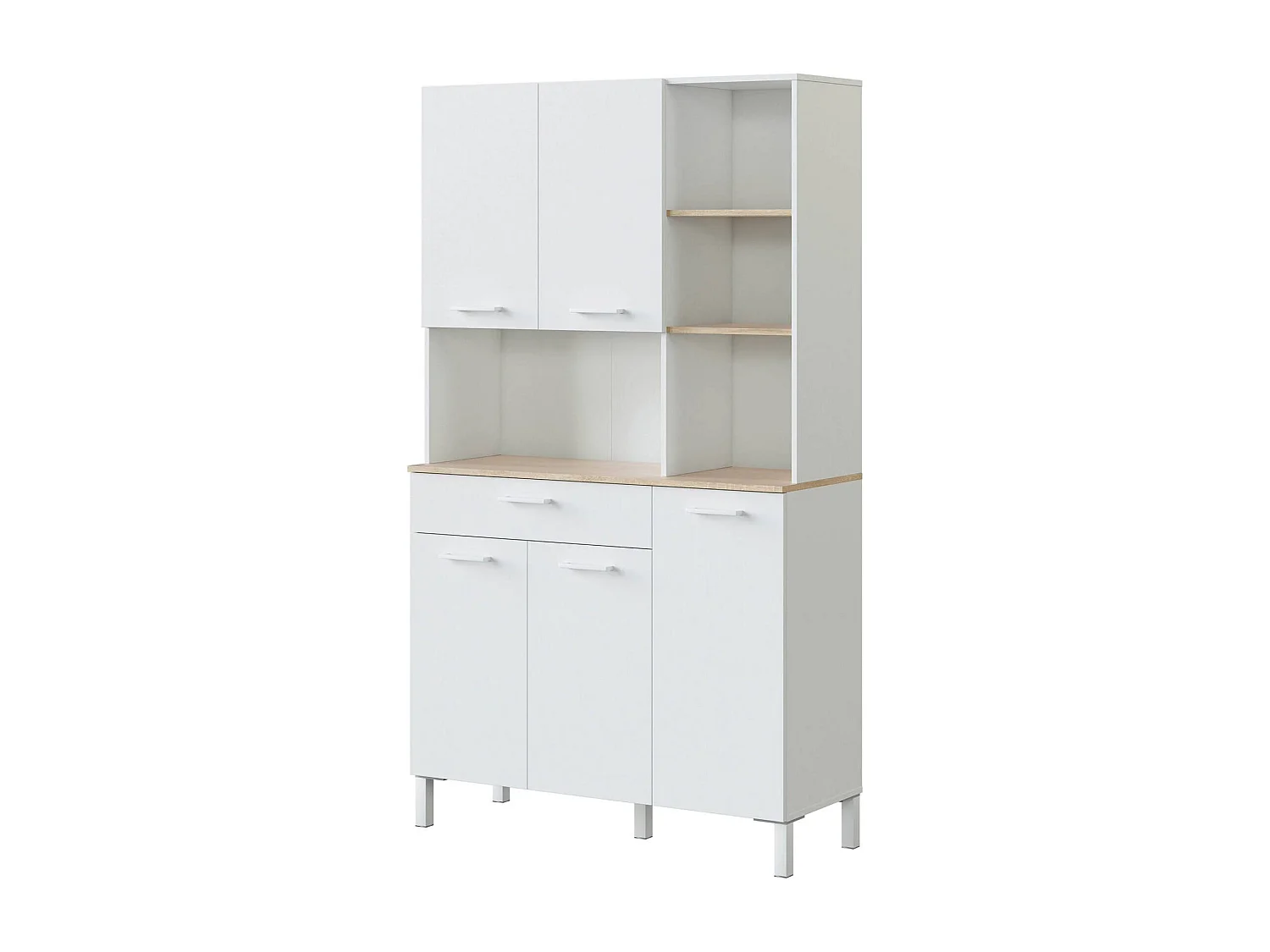 Dgalass Dressoir, Extra keukenkast, Dressoir met 5 deuren en 1 lade met planken, Open kledingkast, 108x40h186 cm, Wit en eiken