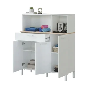 Dlarin multifunctionele kledingkast, Keukenhulpkast, Dressoir met 3 deuren en 1 lade met planken, Open kledingkast, 108x40h126 cm, Wit en Eiken