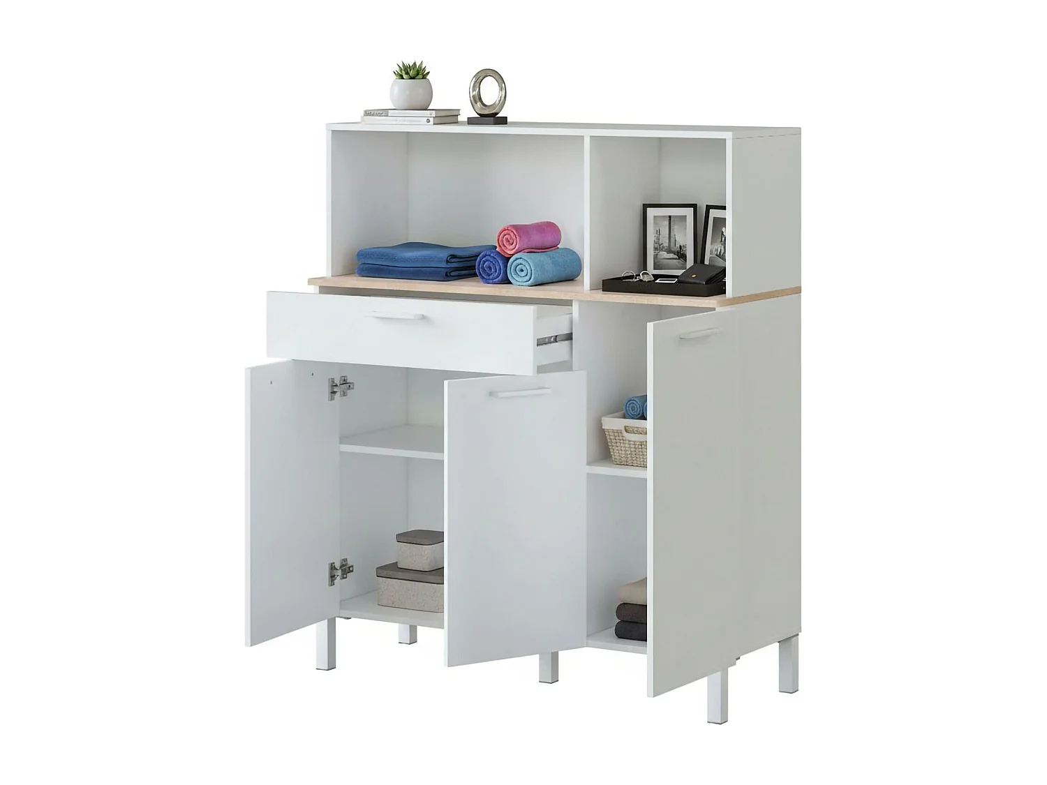 Dlarin multifunctionele kledingkast, Keukenhulpkast, Dressoir met 3 deuren en 1 lade met planken, Open kledingkast, 108x40h126 cm, Wit en Eiken