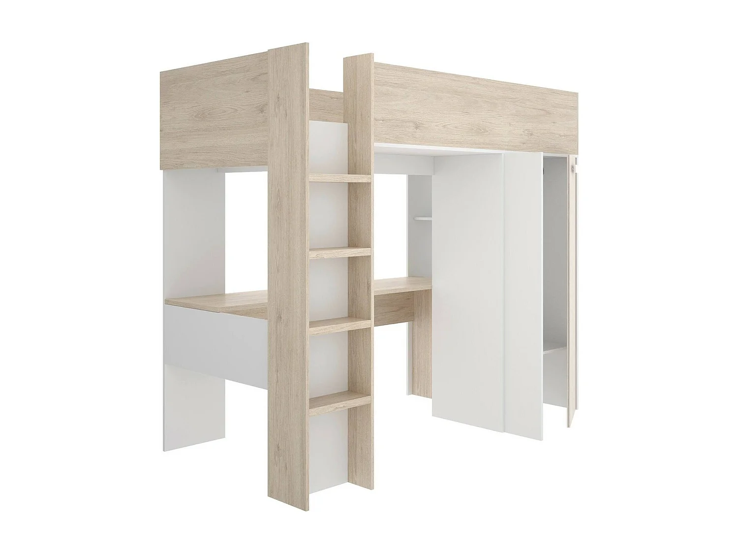 Dhovlan slaapkamersamenstelling, Complete slaapkamer, Kinderkamer, Brugmeubelset, 206x111 h178 cm, Wit en Eiken
