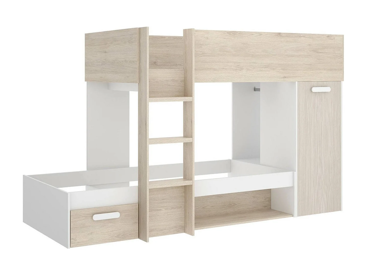 Dmatsuyam slaapkamersamenstelling, Complete slaapkamer, Kinderkamer, Brugmeubelset, 246x112 h150 cm, Wit en Eiken