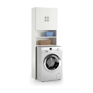 Dabaza multifunctionele kledingkast, lineaire kast met 2 draaideuren en planken, waskast voor wasmachine, 100% Made in Italy, 65x32h195 cm, Wit