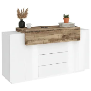 Dismajl Dressoir, Keukendressoir met 3 deuren en 3 laden, Woonkamerbuffet, 100% Made in Italy, 160x45h86 cm, Glanzend wit en esdoorn Dismajl Dressoir, Keukendressoir met 3 deuren en 3 laden, Woonkamerbuffet, 100% Made in Italy, 160x45h86 cm, Glanzend wit en esdoorn