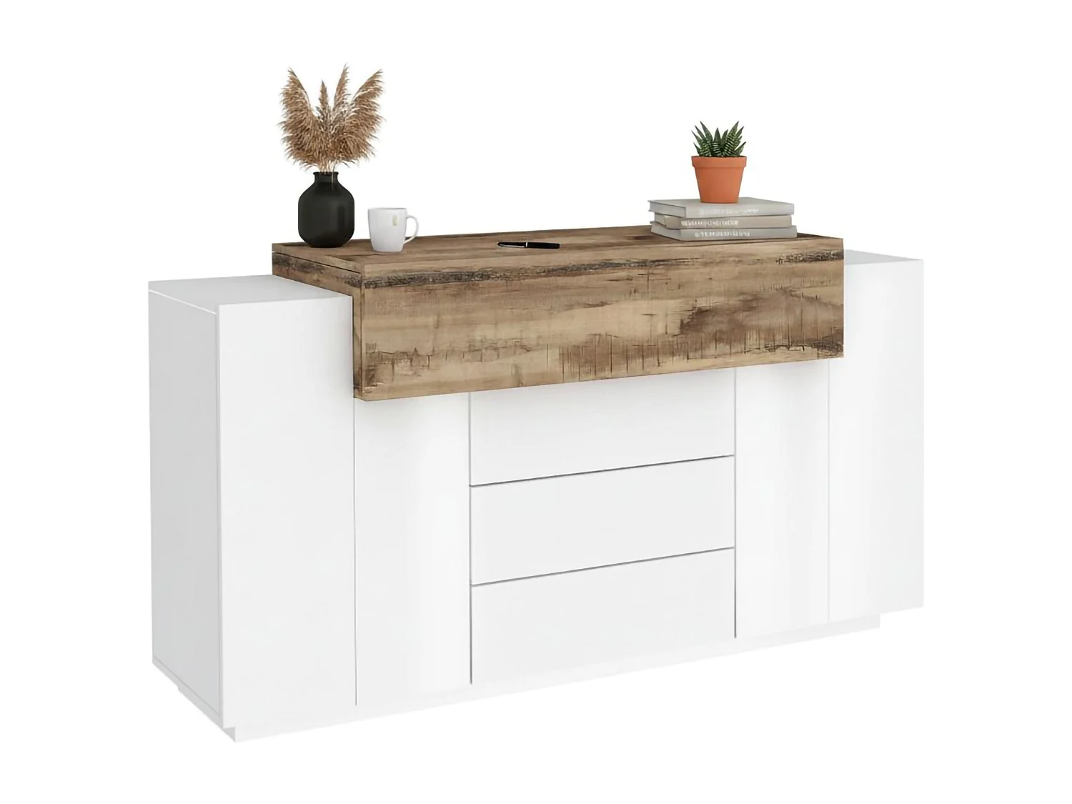 Dismajl Dressoir, Keukendressoir met 3 deuren en 3 laden, Woonkamerbuffet, 100% Made in Italy, 160x45h86 cm, Glanzend wit en esdoorn