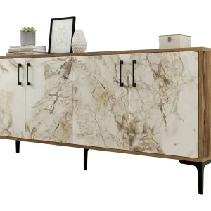 Dpedrol Dressoir, Woonkamer Buffet, Woonkamer, Keuken Pantry, 180x35h78 cm, Walnoot en Wit Marmer Dpedrol Dressoir, Woonkamer Buffet, Woonkamer, Keuken Pantry, 180x35h78 cm, Walnoot en Wit Marmer
