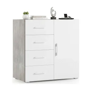 Dnag dressoir, Buffetkast met 1 deur en 4 laden, Woonkamerdressoir, Multifunctionele kast met planken, 100% Made in Italy, 90x41h87 cm, Wit en Cement Dnag dressoir, Buffetkast met 1 deur en 4 laden, Woonkamerdressoir, Multifunctionele kast met planken, 100% Made in Italy, 90x41h87 cm, Wit en Cement