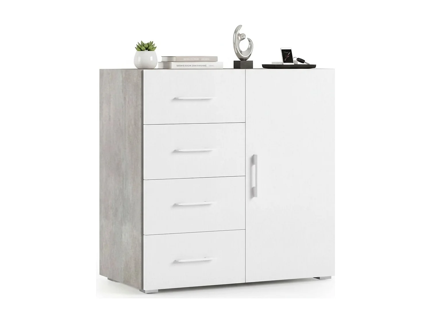 Dnag dressoir, Buffetkast met 1 deur en 4 laden, Woonkamerdressoir, Multifunctionele kast met planken, 100% Made in Italy, 90x41h87 cm, Wit en Cement