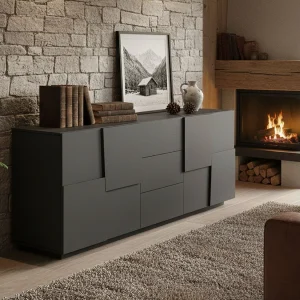 Credenza Ddamsgaar, loungebuffet, Madia da salottOf met 4 deuren en 3 laden, 220x44h86 cm, Antraciet Credenza Ddamsgaar, loungebuffet, Madia da salottOf met 4 deuren en 3 laden, 220x44h86 cm, Antraciet