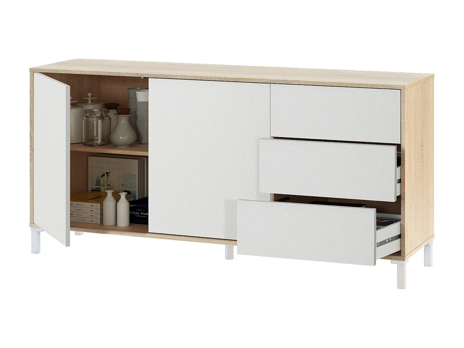 Dbog dressoir, Modern dressoir met 2 deuren en 3 laden, Woonkamerbuffet, TV-meubel, Dressoir voor woonkamer, 154x41h74 cm, Eiken en Wit