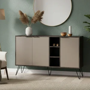 Dpenz Dressoir, Woonkamerbuffet, Woonkamer, Keukenkast, 142x36h83 cm, Antraciet en Beige Dpenz Dressoir, Woonkamerbuffet, Woonkamer, Keukenkast, 142x36h83 cm, Antraciet en Beige