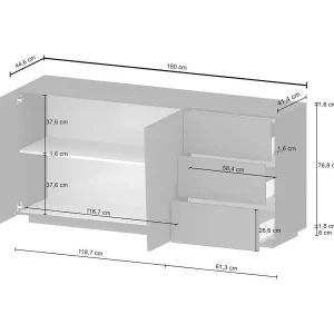 Ddalessi dressoir, Woonkamerbuffet, Woonkamer met 2 deuren en 3 laden, 180x44h86 cm, Glanzend wit