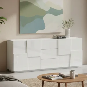 Ddamsgaar dressoir, Woonkamer buffet, Woonkamer met 4 deuren en 3 laden, 220x44h86 cm, Glanzend wit