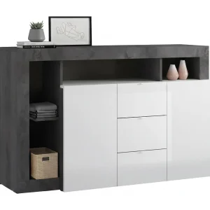 Dalle Dressoir, Woonkamerbuffet, Woonkamerdressoir, Keukenkast, Made in Italy, 146×42 h93 cm, Glanzend wit en Leisteen Dalle Dressoir, Woonkamerbuffet, Woonkamerdressoir, Keukenkast, Made in Italy, 146×42 h93 cm, Glanzend wit en Leisteen