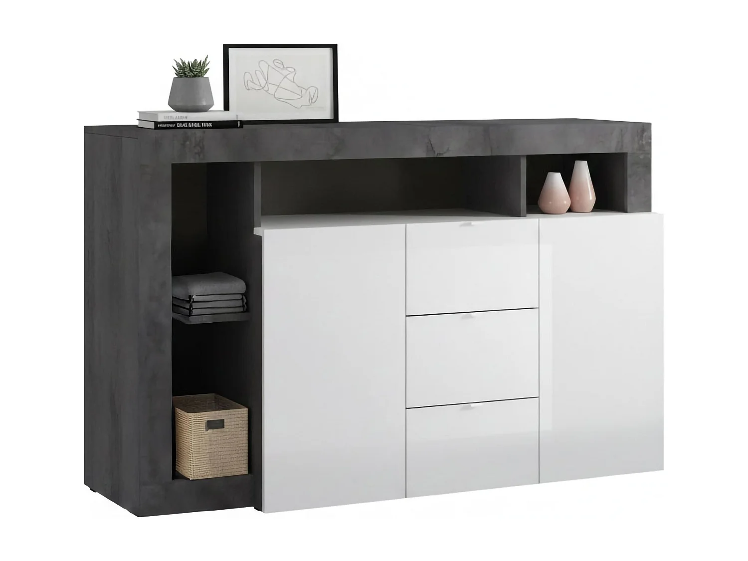 Dalle Dressoir, Woonkamerbuffet, Woonkamerdressoir, Keukenkast, Made in Italy, 146x42 h93 cm, Glanzend wit en Leisteen