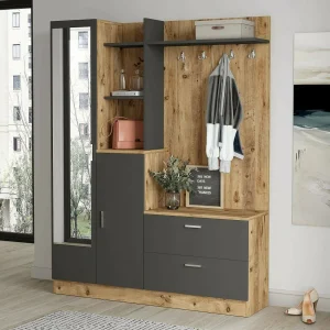 Dmasiell entreekast, Entreehanger, Compositie voor atrium, Console poMultifunctionele opslag, 140x37h182 cm, Eiken en Antraciet Dmasiell entreekast, Entreehanger, Compositie voor atrium, Console poMultifunctionele opslag, 140x37h182 cm, Eiken en Antraciet