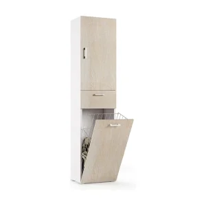 Dcosim multifunctionele kledingkast, Lineaire waskast met 2 deuren, Badkamerkolom met wasmand, 100% Made in Italy, 45x32h195 cm, Eiken en wit