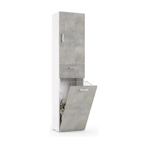 Dcosim multifunctionele kledingkast, lineaire waskast met 2 deuren, badkamerkolom met wasmand, 100% Made in Italy, 45x32h195 cm, cement en wit Dcosim multifunctionele kledingkast, lineaire waskast met 2 deuren, badkamerkolom met wasmand, 100% Made in Italy, 45x32h195 cm, cement en wit