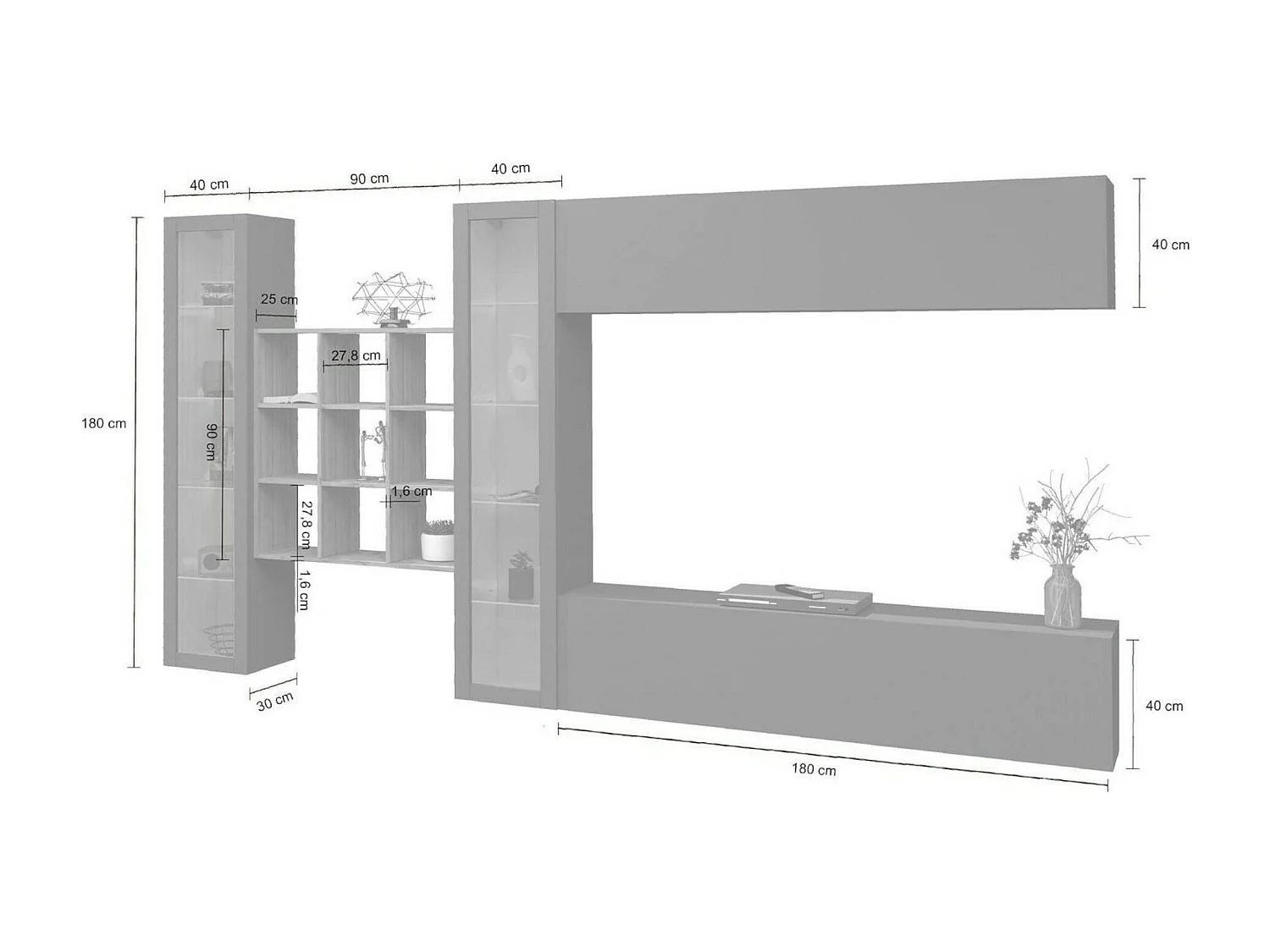 Dmora Wandkast Gustavo 30x350x180h cm Antraciet 20 Planken Klap- en Klapdeuren, 4 Deuren Made in Italy