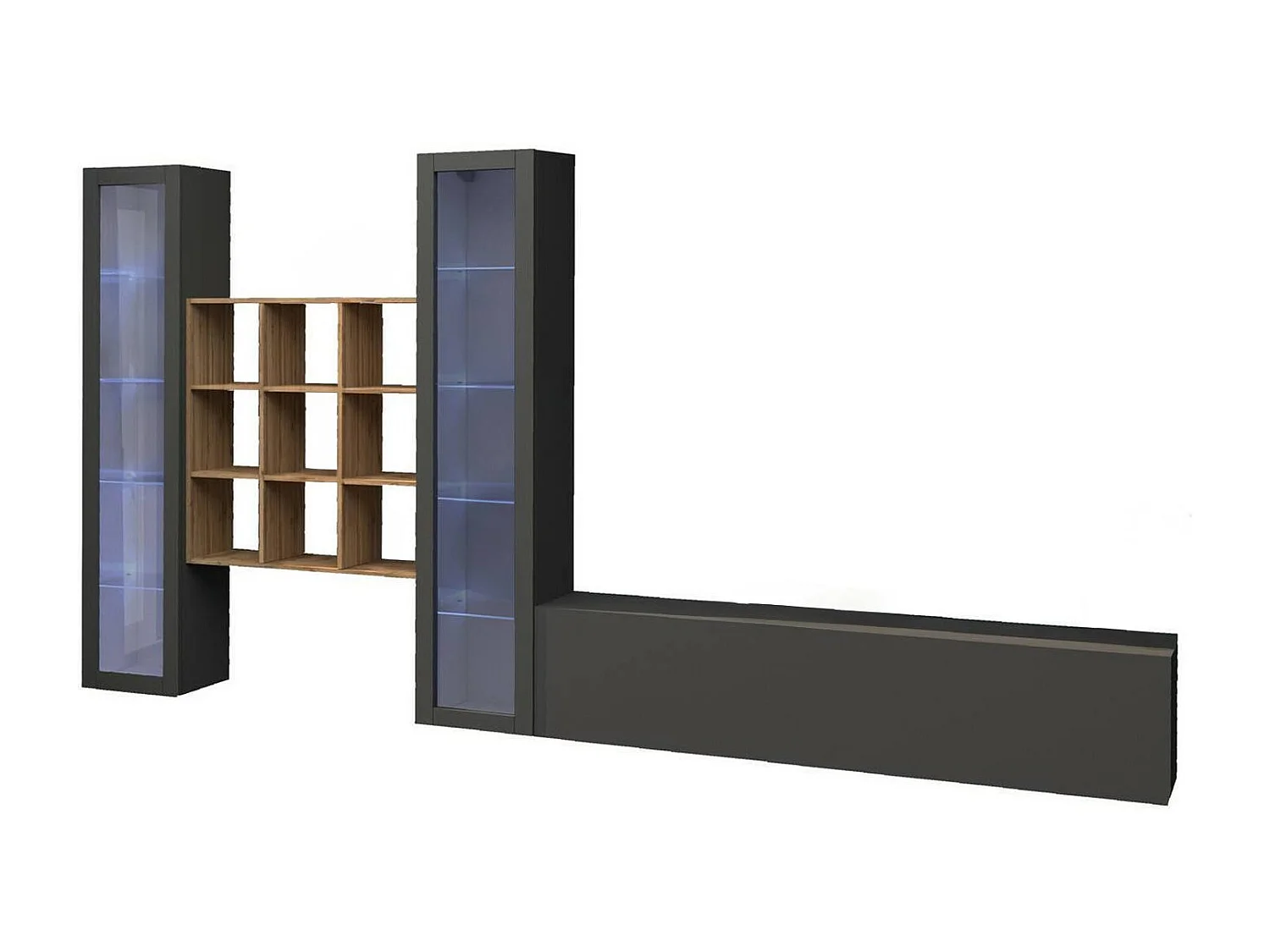 Dchiorr wandmeubel, 3-deur tv-meubel woonkameret, multifunctioneel woonkamermeubel met vitrine en LED-licht, 100% Made in Italy, 350x30h180 cm, antraciet en edoorn