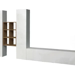 Dcola wandmeubel, 3-deurs TV-meubel woonkamerset, Multifunctioneel woonkamermeubel, 100% Made in Italy, 320x30h180 cm, Glanzend wit en esdoorn Dcola wandmeubel, 3-deurs TV-meubel woonkamerset, Multifunctioneel woonkamermeubel, 100% Made in Italy, 320x30h180 cm, Glanzend wit en esdoorn