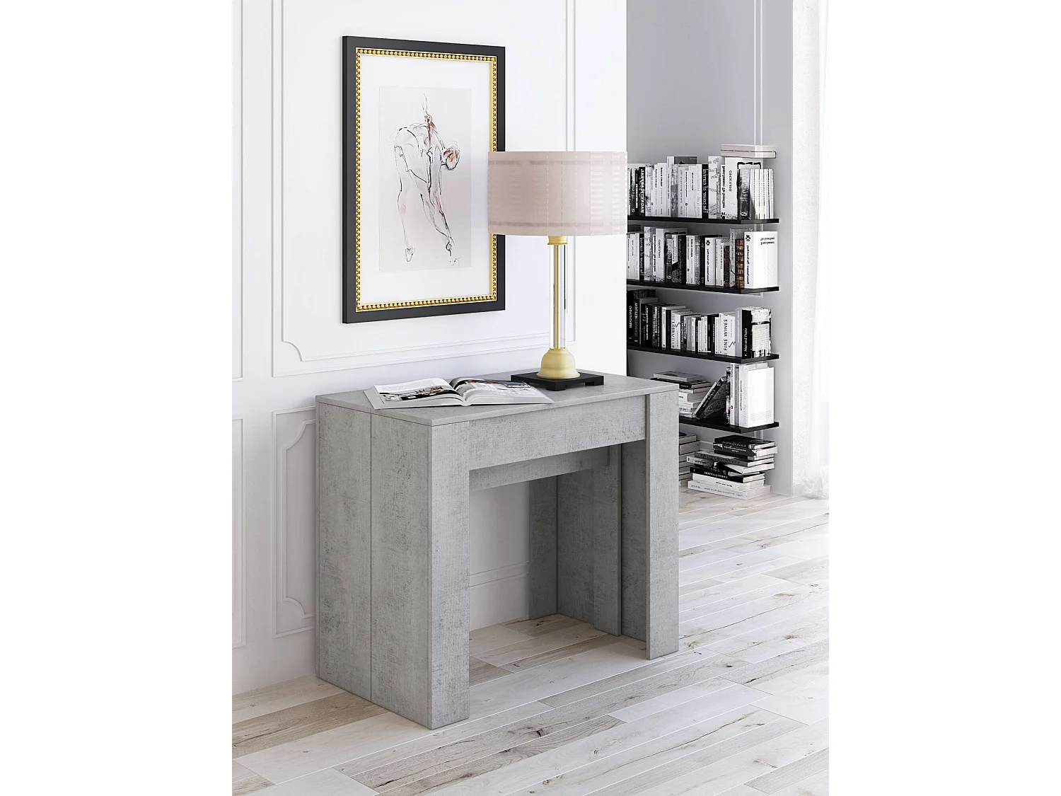 Dpanozz uitschuifbare console, Tafel met verlengstukken, Multifunctionele console, Uitschuifbare eettafel tot 10 zitplaatsen, 90/237x51h78 cm, Cement