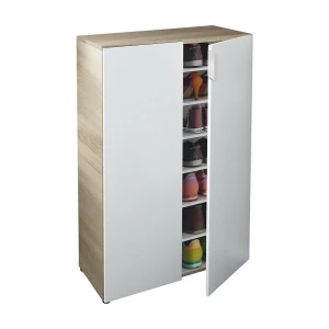 Dlel multifunctionele kledingkast, Extra kast met 2 deuren, Lage schoenenrekkast met 6 planken, Laag schoenenrek, 70x36h103 cm, Eiken en wit
