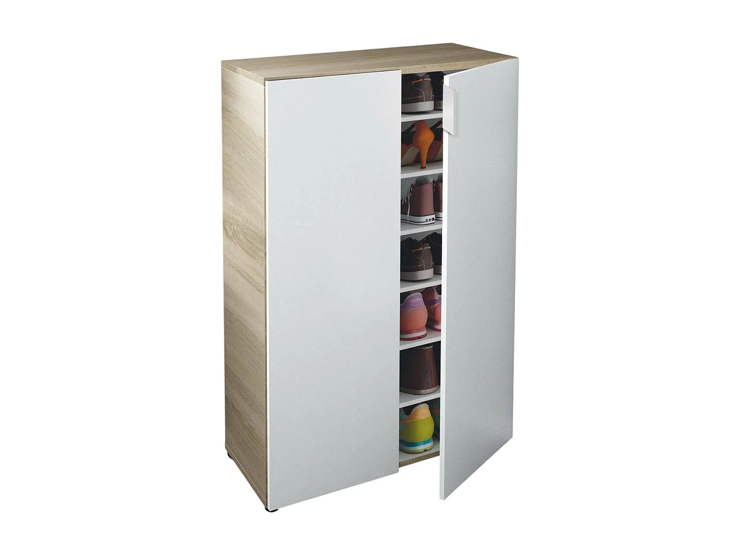 Dlel multifunctionele kledingkast, Extra kast met 2 deuren, Lage schoenenrekkast met 6 planken, Laag schoenenrek, 70x36h103 cm, Eiken en wit