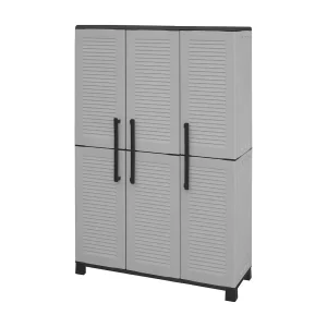 Dbellanov Buitenkast, Bezemkast, 3-deurs Buitenkast, 100% Made in Italy, 102x37h169 cm, Lichtgrijs en Zwart, Gestreepte Afwerking