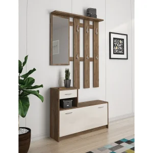Dbiagin entreemeubilair, Moderne entree met spiegel, Kast met schoenenrek, Multifunctionele kast, 100x25h180 cm, Wit en Eiken