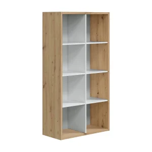 Dmarini boekenkast, Omkeerbare boekenkast met 8 vakken, TV-meubel met meerdere posities, 72x33h137 cm, Eiken met knoopeffect en Wit