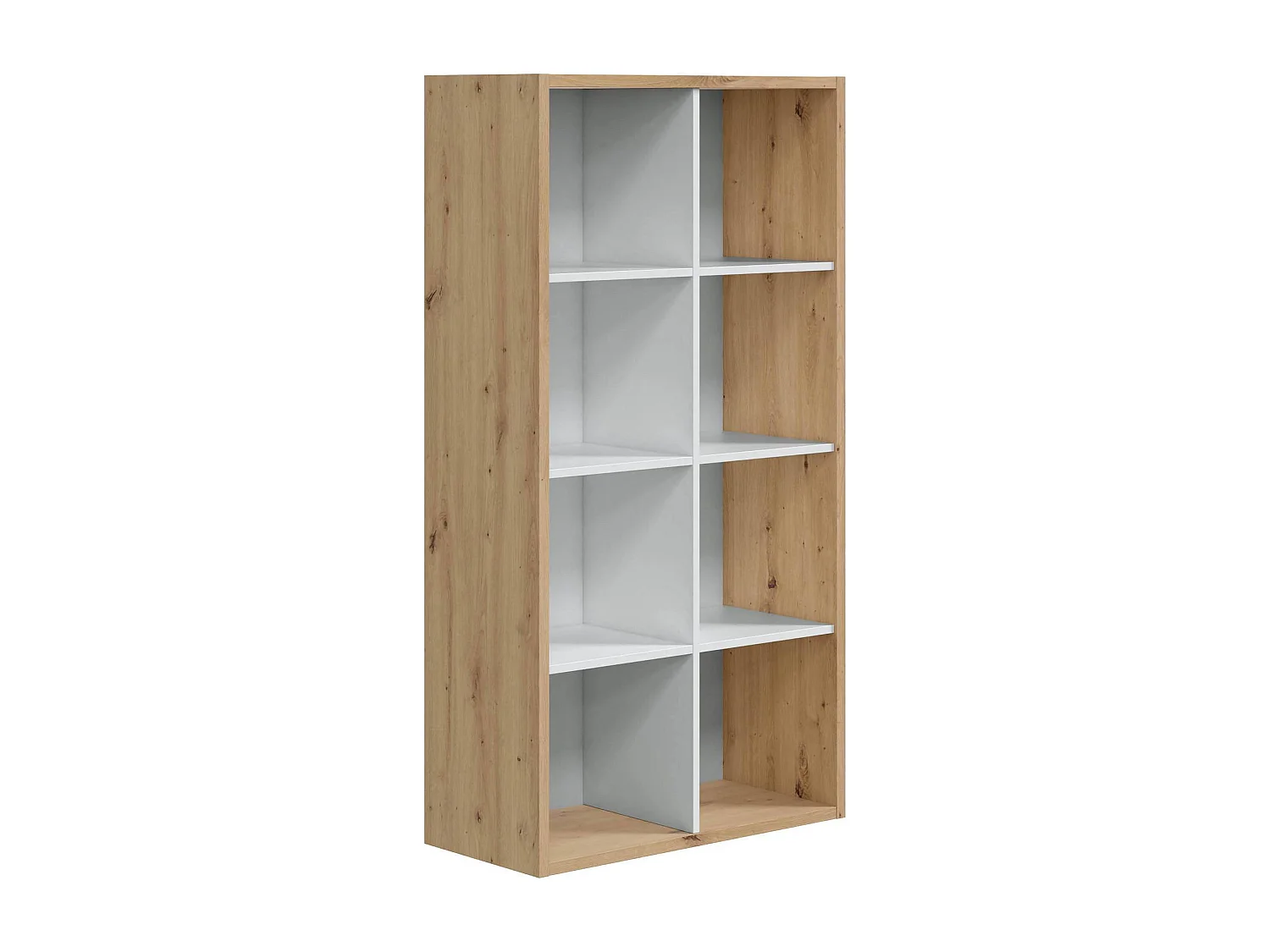 Dmarini boekenkast, Omkeerbare boekenkast met 8 vakken, TV-meubel met meerdere posities, 72x33h137 cm, Eiken met knoopeffect en Wit