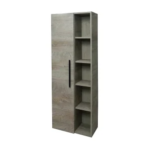 Dgeroli badkamerkolom, 1-deurs badkamerkolomkast, Hangende wandkast met 5 planken, 51x25h135 cm, Eiken Dgeroli badkamerkolom, 1-deurs badkamerkolomkast, Hangende wandkast met 5 planken, 51x25h135 cm, Eiken