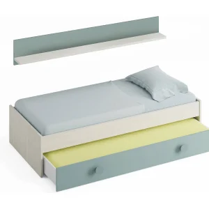 Dghion eenpersoonsbed, Bedstructuur voor slaapkamer, Bed met uitschuifbaar bed of ladekast en bijpassende plank, 201x98h43 cm, Wit en Aquagroen Dghion eenpersoonsbed, Bedstructuur voor slaapkamer, Bed met uitschuifbaar bed of ladekast en bijpassende plank, 201x98h43 cm, Wit en Aquagroen