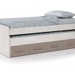 Dmerli eenpersoonsbed, Bedframe voor slaapkamer, Eenpersoonsbed met uitschuifbaar bed en 4 laden, 198x96h69 cm, Wit en Bruin