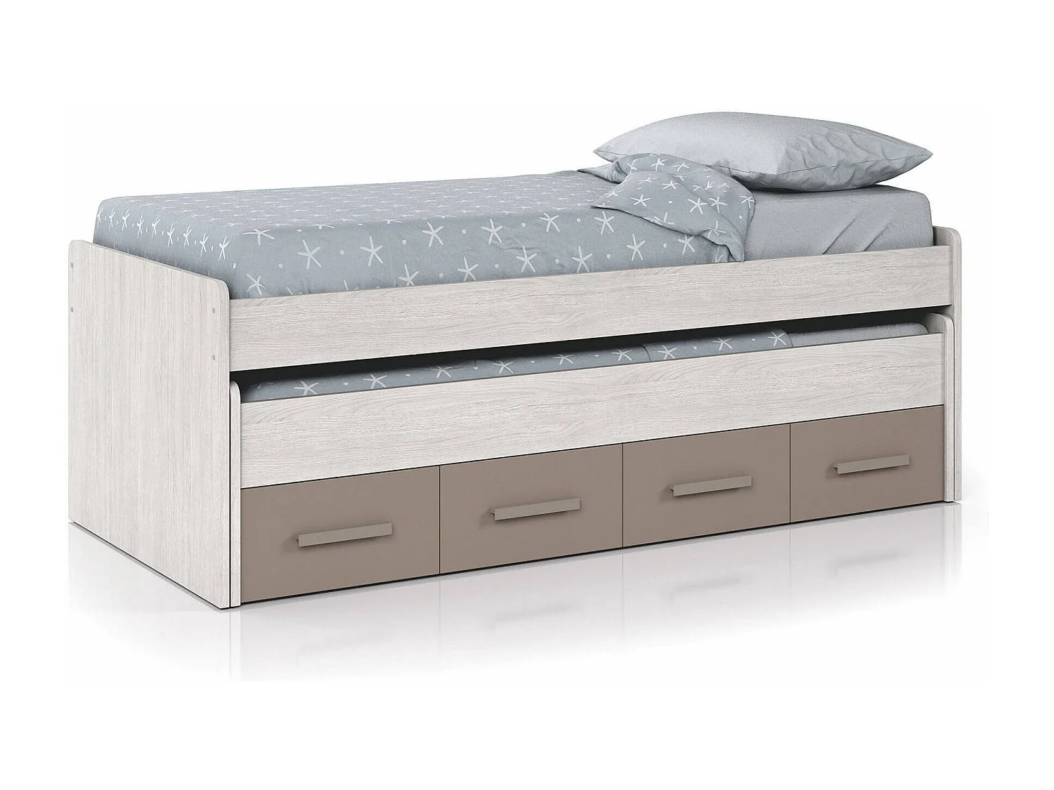 Dmerli eenpersoonsbed, Bedframe voor slaapkamer, Eenpersoonsbed met uitschuifbaar bed en 4 laden, 198x96h69 cm, Wit en Bruin